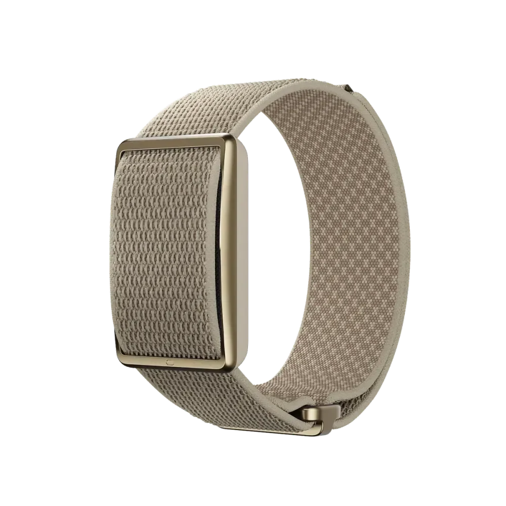 Polar Loop wellness band in beige fabric with a gold buckle